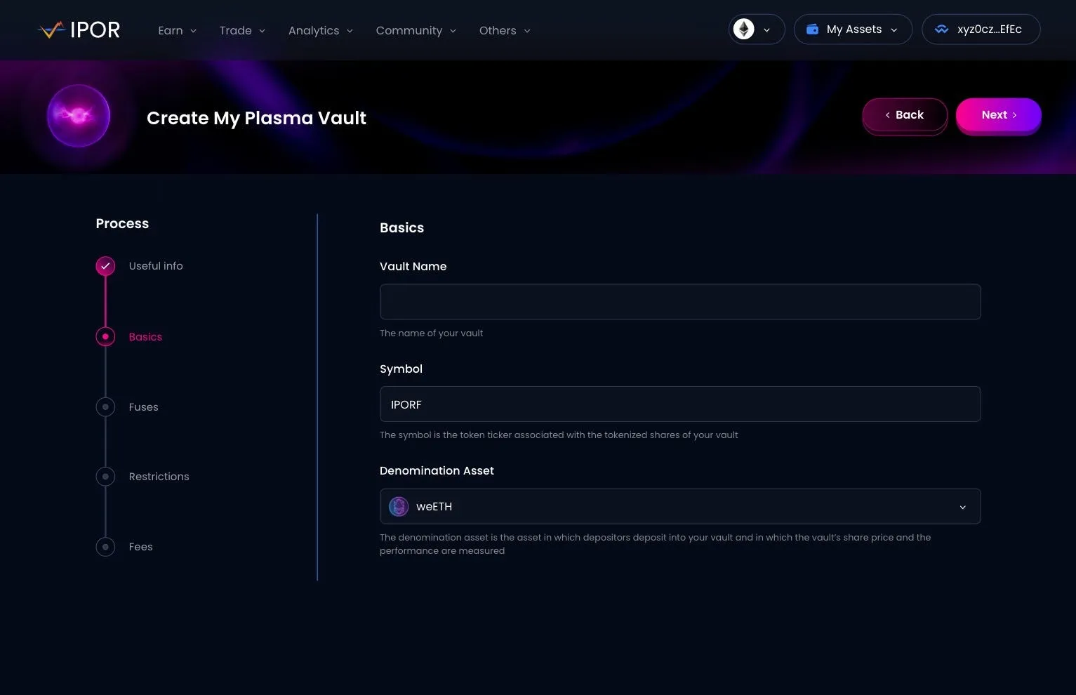 Fusion Vault creation UI.